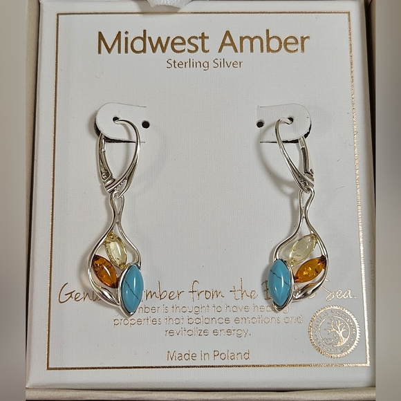 MIDWEST AMBER STERLING SILVER BALTIC AMBER POLAND 1.5" TURQUOISE EARRINGS NIB - Picture 3 of 7